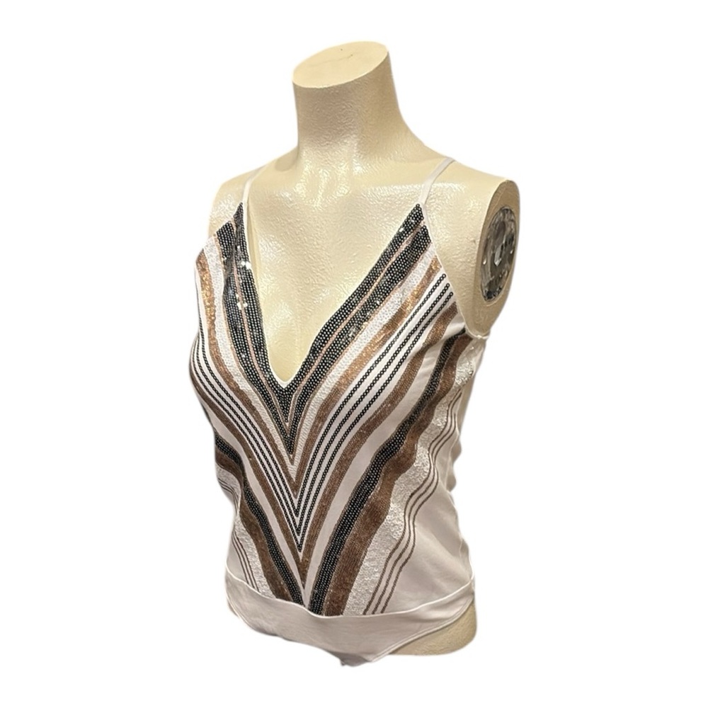 Elegant White and Brown Striped Women's Bodysuit By Express.